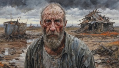 solo,looking at viewer,blue eyes,shirt,1boy,jacket,white shirt,upper body,white hair,male focus,outdoors,sky,cloud,water,facial hair,bird,scar,cloudy sky,beard,realistic,watercraft,manly,old,dirty,old man,ship,boat,closed mouth,day,black jacket,torn clothes,ocean,fire