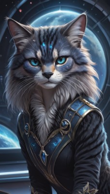 solo,looking at viewer,blue eyes,long sleeves,1boy,animal ears,jewelry,closed mouth,upper body,artist name,signature,black jacket,no humans,animal,moon,cat,brooch,gem,star (sky),furry,space,animal focus,white fur,planet,whiskers,blue gemstone,black fur,blue sclera,1girl,cat ears,animal ear fluff,pendant,earth (planet),grey fur