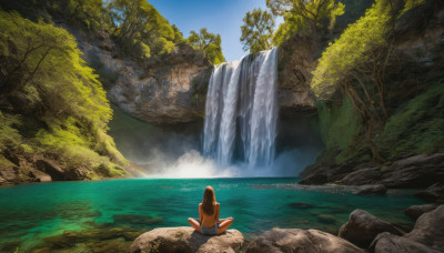 1girl, solo, long hair, brown hair, sitting, swimsuit, bikini, outdoors, sky, shorts, day, water, from behind, tree, blue sky, topless, nature, scenery, blue shorts, rock, facing away, indian style, river, waterfall