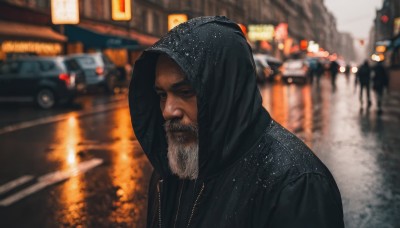 solo,looking at viewer,1boy,jacket,upper body,male focus,outdoors,hood,blurry,black eyes,black jacket,hoodie,depth of field,blurry background,facial hair,ground vehicle,hooded jacket,motor vehicle,beard,hood up,rain,city,mature male,realistic,car,old,old man,photo background,short hair,black hair,closed mouth,wet,night,mustache,road,black hoodie,street