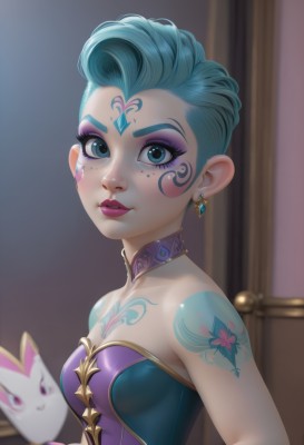 1girl,solo,breasts,looking at viewer,smile,short hair,bangs,blue eyes,dress,cleavage,bare shoulders,jewelry,closed mouth,blue hair,collarbone,upper body,earrings,small breasts,green hair,choker,shiny,artist name,indoors,blurry,shiny hair,strapless,aqua hair,tattoo,makeup,blurry background,facial mark,lipstick,eyeshadow,freckles,red lips,arm tattoo,shoulder tattoo,mascara,medium breasts,aqua eyes,lips,eyelashes,eyeliner,facial tattoo