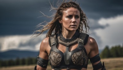 1girl,solo,long hair,blue eyes,brown hair,upper body,outdoors,sky,cloud,armor,blurry,lips,blurry background,messy hair,armband,breastplate,realistic,bikini armor,dirty,day,chainmail