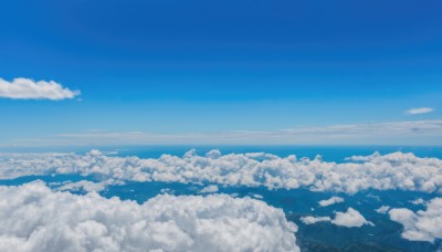 monochrome,outdoors,sky,day,cloud,blue sky,no humans,ocean,cloudy sky,scenery,blue theme,horizon,landscape,above clouds,water