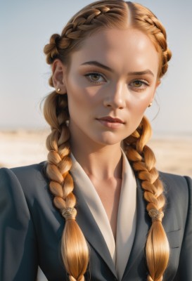 1girl,solo,long hair,looking at viewer,brown hair,shirt,twintails,brown eyes,jewelry,closed mouth,white shirt,upper body,braid,earrings,outdoors,day,blurry,twin braids,lips,blurry background,portrait,hair over shoulder,freckles,realistic,nose,multiple braids,blonde hair,collarbone,artist name,sunlight,forehead