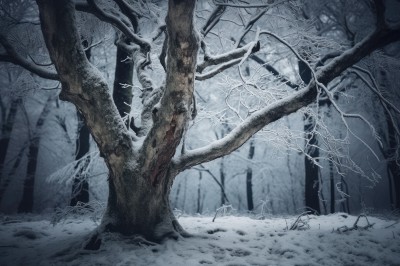 monochrome,outdoors,tree,no humans,nature,scenery,snow,forest,winter,bare tree