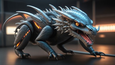 HQ,solo,open mouth,tail,full body,teeth,tongue,blurry,orange eyes,pokemon (creature),no humans,blurry background,fangs,sharp teeth,slit pupils,claws,spikes,monster,dragon,scales,dinosaur,kaijuu,standing,yellow eyes,horns,colored sclera,realistic