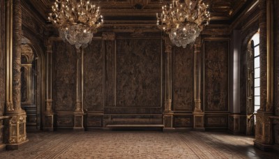 day,indoors,no humans,window,sunlight,scenery,stairs,door,light,candle,architecture,pillar,ceiling,hallway,carpet,church,arch,candlestand,chandelier,column,light rays,wooden floor,throne,statue