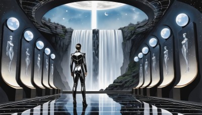 solo,black hair,1boy,standing,male focus,sky,pants,water,from behind,bodysuit,night,moon,star (sky),night sky,scenery,full moon,starry sky,reflection,crescent moon,planet,pillar,waterfall,statue,short hair,full body,outdoors,cloud,floating,science fiction,arms at sides,facing away,space,wide shot,ripples,alien,surreal,spacesuit,jellyfish