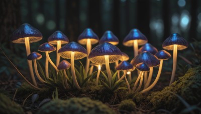 outdoors,blurry,tree,no humans,night,depth of field,blurry background,grass,plant,nature,scenery,forest,mushroom,day,glowing,sunlight