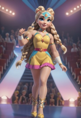 1girl,solo,long hair,breasts,looking at viewer,smile,blue eyes,skirt,blonde hair,dress,bare shoulders,jewelry,very long hair,standing,collarbone,full body,braid,small breasts,sleeveless,solo focus,choker,artist name,hand up,hair bun,blurry,twin braids,bracelet,lips,bare legs,double bun,makeup,sleeveless dress,blurry background,watermark,short dress,thick eyebrows,web address,armlet,eyeshadow,walking,nose,yellow dress,crowd,stage,stage lights,blush,closed mouth,boots,belt,indoors,depth of field,facial mark,gem,forehead mark,hair tie,bracer