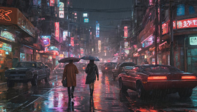 short hair, multiple girls, skirt, black hair, holding, 2girls, outdoors, bag, from behind, dutch angle, night, umbrella, ground vehicle, building, scenery, motor vehicle, reflection, walking, rain, holding umbrella, city, sign, car, road, street, puddle, city lights, neon lights