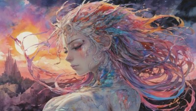 1girl,solo,long hair,closed mouth,upper body,pink hair,white hair,red hair,multicolored hair,outdoors,parted lips,sky,cloud,from side,lips,eyelashes,gradient hair,profile,makeup,floating hair,facial mark,looking down,moon,half-closed eyes,feathers,wind,portrait,full moon,eyeshadow,sunset,mountain,sun,cloudy sky,nose,fantasy,dragon,castle,mascara