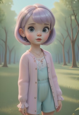 1girl,solo,looking at viewer,short hair,bangs,blue eyes,hair ornament,long sleeves,dress,jewelry,standing,jacket,purple hair,cowboy shot,earrings,outdoors,parted lips,open clothes,shorts,pussy,day,hairclip,artist name,necklace,nail polish,blurry,black eyes,flat chest,tree,lips,see-through,grey eyes,loli,eyelashes,buttons,blurry background,cardigan,grass,child,nature,light purple hair,forest,unbuttoned,female child,open cardigan,blush,shirt,realistic,pink jacket