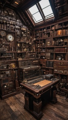 indoors,cup,book,no humans,window,chair,table,sunlight,scenery,desk,wooden floor,clock,bookshelf,lamp,shelf,gears,drawer,cabinet,globe,steampunk,loaded interior,day,stairs,still life,analog clock