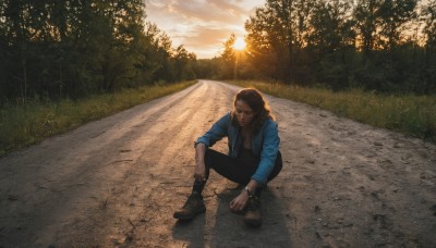 solo,brown hair,shirt,black hair,1boy,jewelry,sitting,jacket,male focus,boots,outdoors,open clothes,sky,pants,cloud,bracelet,tree,facial hair,sunlight,grass,nature,scenery,beard,sunset,realistic,sun,road,denim jacket,long hair,dark skin,open jacket,brown footwear,black pants,denim,blue jacket,forest,watch,wristwatch,one knee