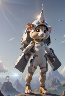 1girl,solo,breasts,animal ears,brown eyes,closed mouth,standing,full body,small breasts,outdoors,sky,day,cloud,black eyes,tree,blue sky,bodysuit,helmet,furry,clenched hands,science fiction,mountain,furry female,sun,white bodysuit,mouse,whiskers,spacecraft,spacesuit,sunrise,astronaut,looking at viewer,no humans