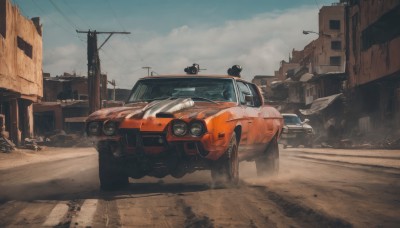 outdoors,sky,day,cloud,blue sky,no humans,cloudy sky,ground vehicle,building,scenery,motor vehicle,car,road,vehicle focus,power lines,lamppost,street,utility pole,dust,radio antenna,truck,tire,smoke,realistic,ruins,debris