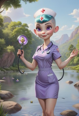 1girl,solo,breasts,looking at viewer,smile,short hair,hat,dress,holding,jewelry,medium breasts,closed mouth,blue hair,standing,purple eyes,collarbone,tail,short sleeves,small breasts,outdoors,green hair,sky,day,pointy ears,artist name,cloud,signature,water,tree,blue sky,lips,hands up,aqua hair,feet out of frame,watermark,short dress,cloudy sky,grass,cross,bug,butterfly,nature,web address,purple dress,furry,wading,forest,pocket,legs together,patreon username,rock,mountain,nurse cap,furry female,collared dress,nurse,ripples,river,lake,lily pad,stethoscope,pond,buck teeth,red cross,neck,stream,yellow butterfly,blush,pantyhose,earrings,makeup,nose,very short hair,clipboard