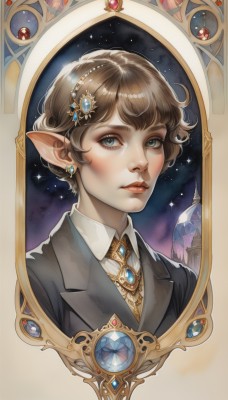 1girl,solo,looking at viewer,short hair,bangs,blue eyes,brown hair,shirt,hair ornament,jewelry,closed mouth,jacket,white shirt,upper body,earrings,necktie,sky,pointy ears,collared shirt,lips,eyelashes,formal,suit,brooch,elf,gem,portrait,star (sky),androgynous,starry sky,crystal,nose,black jacket,realistic