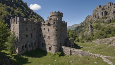 outdoors,sky,day,cloud,tree,blue sky,no humans,grass,nature,scenery,forest,rock,mountain,ruins,landscape,cliff,moss,water,cloudy sky,building,fantasy,castle,path