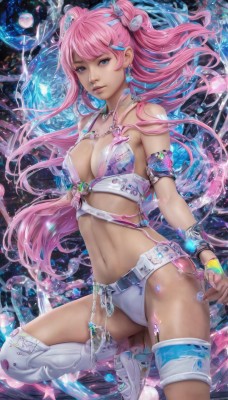 1girl,solo,long hair,breasts,looking at viewer,bangs,blue eyes,hair ornament,thighhighs,navel,cleavage,twintails,jewelry,medium breasts,underwear,swimsuit,pink hair,bikini,earrings,hairclip,belt,water,necklace,bracelet,lips,thigh strap,floating hair,single thighhigh,science fiction,realistic,large breasts,shoes,watermark,white bikini,sneakers,armband,armlet