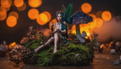 1girl,solo,long hair,breasts,hair ornament,jewelry,sitting,blue hair,flower,wings,barefoot,blurry,tree,depth of field,grass,bug,plant,nature,microphone,realistic,fairy,mushroom,bokeh,butterfly wings,black hair,dress,hair flower,necklace,bracelet,bird,leaf