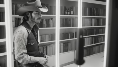 solo,short hair,shirt,1boy,hat,holding,monochrome,upper body,greyscale,male focus,collared shirt,indoors,blurry,vest,from side,book,facial hair,beard,sleeves rolled up,blurry foreground,mature male,realistic,bookshelf,cowboy hat,library,cowboy western,long sleeves,sideburns,mustache,reading