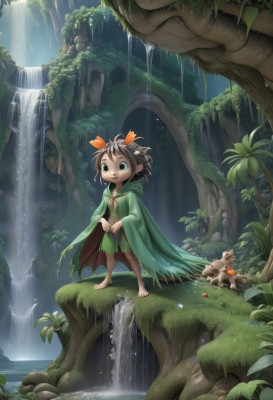 1girl,solo,smile,short hair,open mouth,brown hair,black hair,hair ornament,dress,green eyes,standing,flower,outdoors,barefoot,teeth,pointy ears,hood,water,cape,tree,torn clothes,animal,leaf,sunlight,plant,child,nature,scenery,cloak,forest,light rays,fantasy,mushroom,waterfall,moss,cupping hands,jewelry,multicolored hair,hair flower