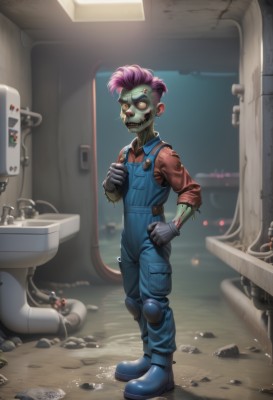 solo,short hair,shirt,gloves,1boy,standing,full body,pink hair,purple hair,male focus,boots,teeth,signature,blood,colored skin,robot,sharp teeth,red shirt,blue footwear,overalls,green skin,dirty,grey gloves,zombie,alien,industrial pipe,blue overalls,looking at viewer,orange eyes,cosplay,tattoo,mask,clenched hand,glowing eyes,cable,undercut,stitches,grey skin,cyborg,mohawk,screw,toilet paper