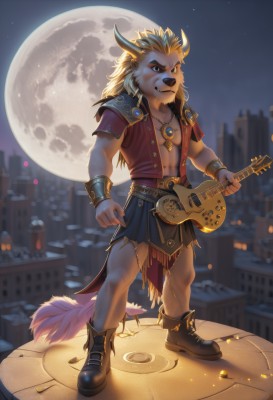 solo,long hair,looking at viewer,smile,1boy,holding,animal ears,jewelry,standing,jacket,tail,full body,short sleeves,male focus,earrings,boots,outdoors,open clothes,horns,sky,belt,artist name,necklace,armor,blurry,bracelet,muscular,night,blurry background,fangs,moon,feathers,pectorals,muscular male,shoulder armor,instrument,night sky,pelvic curtain,furry,full moon,city,music,guitar,cityscape,bracer,furry male,body fur,playing instrument,holding instrument,loincloth,snout,skirt,blonde hair,navel,medium hair,looking to the side,facial hair,abs,thick eyebrows,bara,large pectorals,mature male,bare pectorals,lion ears,pectoral cleavage,brown fur,lion boy