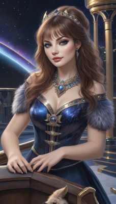 1girl,solo,long hair,breasts,looking at viewer,smile,bangs,blue eyes,large breasts,brown hair,dress,cleavage,bare shoulders,jewelry,medium breasts,upper body,earrings,parted lips,sky,artist name,necklace,star (symbol),nail polish,lips,grey eyes,fur trim,strapless,makeup,night,blue dress,animal,watermark,tiara,crown,lipstick,gem,star (sky),night sky,strapless dress,starry sky,nose,railing,red lips,space,planet,coin,gold,diadem,blush,brown eyes,wavy hair,instrument,dog,realistic,piano