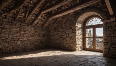 outdoors,day,indoors,no humans,window,shadow,sunlight,building,scenery,stairs,door,wall,architecture,brick wall,pillar,arch,fantasy,ruins,stone wall