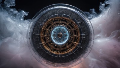 water,no humans,black background,scenery,reflection,watch,clock,gears,pocket watch,still life,roman numeral,solo,space,planet