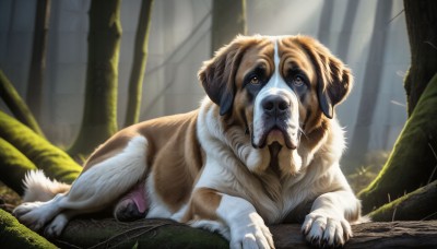 HQ,solo,brown eyes,outdoors,lying,day,tongue,signature,tongue out,tree,no humans,animal,sunlight,on stomach,nature,claws,forest,dog,realistic,animal focus,moss,looking at viewer,blurry,grass,plant,light rays,puppy