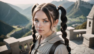 1girl,solo,long hair,looking at viewer,smile,blue eyes,brown hair,shirt,black hair,twintails,jewelry,closed mouth,white shirt,upper body,braid,earrings,outdoors,day,collared shirt,necklace,blurry,twin braids,lips,grey eyes,depth of field,blurry background,freckles,mountain,realistic,nose,fence,sky,sunlight,portrait,scenery