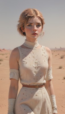 1girl,solo,breasts,looking at viewer,short hair,blue eyes,blonde hair,brown hair,dress,bare shoulders,standing,cowboy shot,outdoors,parted lips,sleeveless,day,belt,white dress,lips,bandages,freckles,bandaged arm,realistic,brown belt,dirty,desert,blush,bangs,sky,teeth,pants,sand,arms at sides