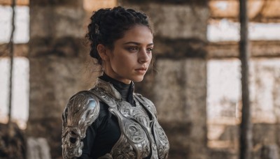 1girl,solo,short hair,brown hair,black hair,brown eyes,jewelry,upper body,earrings,dark skin,armor,blurry,dark-skinned female,lips,blurry background,shoulder armor,pauldrons,breastplate,realistic,hair ornament,closed mouth,mole,depth of field,freckles