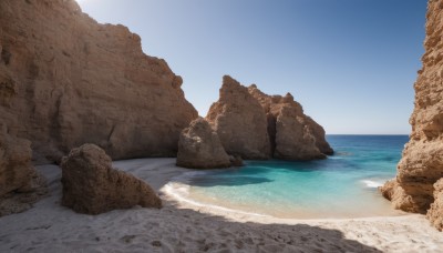 outdoors,sky,day,water,blue sky,no humans,ocean,beach,scenery,rock,sand,horizon,shore,desert,waves