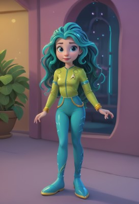 1girl,solo,long hair,looking at viewer,smile,blue eyes,long sleeves,jewelry,closed mouth,blue hair,standing,jacket,full body,small breasts,boots,green hair,pants,artist name,indoors,flat chest,bracelet,lips,window,aqua hair,bodysuit,makeup,watermark,wavy hair,thick eyebrows,plant,child,web address,zipper,door,potted plant,aqua footwear,breasts