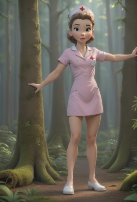 1girl,solo,breasts,looking at viewer,smile,short hair,brown hair,hat,dress,closed mouth,standing,full body,short sleeves,small breasts,outdoors,shoes,blurry,black eyes,tree,lips,blurry background,short dress,white footwear,cross,pink dress,nature,forehead,forest,pocket,nurse cap,nurse,red cross,blush,brown eyes,pantyhose,day,hair bun,makeup,single hair bun,outstretched arms,red lips,pink headwear