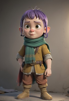 1girl,solo,looking at viewer,short hair,1boy,brown eyes,jewelry,standing,jacket,full body,yellow eyes,purple hair,male focus,earrings,boots,parted lips,pointy ears,belt,pants,scarf,hand on hip,child,androgynous,freckles,male child,brown pants,green scarf,shirt,weapon,artist name,brown footwear,sleeves rolled up,realistic