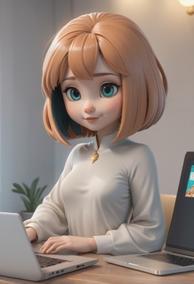 1girl,solo,breasts,looking at viewer,smile,short hair,bangs,blue eyes,blonde hair,shirt,long sleeves,sitting,white shirt,upper body,small breasts,parted lips,collared shirt,artist name,indoors,medium hair,orange hair,blurry,aqua eyes,lips,eyelashes,blurry background,table,bob cut,plant,freckles,computer,laptop,mouse (computer),jewelry,closed mouth,multicolored hair,necklace,phone,web address,nose