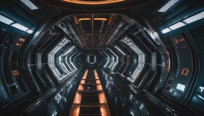 no humans,scenery,reflection,science fiction,realistic,space,spacecraft,lights,cockpit,indoors,window,robot,light,cable,screen