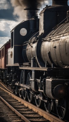 outdoors,sky,day,cloud,military,no humans,cloudy sky,ground vehicle,scenery,motor vehicle,smoke,aircraft,railing,military vehicle,bridge,vehicle focus,train,world war ii,railroad tracks,blue sky,moon