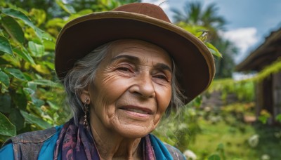 solo,looking at viewer,smile,shirt,1boy,hat,jewelry,jacket,grey hair,male focus,earrings,outdoors,parted lips,sky,teeth,day,collared shirt,blurry,black eyes,tree,lips,depth of field,blurry background,facial hair,leaf,blue shirt,plant,portrait,realistic,brown headwear,old,old man,old woman,wrinkled skin,1girl,closed eyes,grey eyes,house,cowboy hat