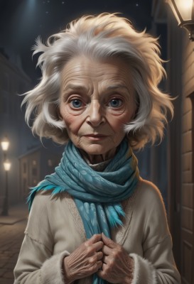 1girl,solo,looking at viewer,short hair,blue eyes,long sleeves,upper body,white hair,outdoors,parted lips,sky,scarf,blurry,lips,coat,fur trim,night,scar,own hands together,messy hair,night sky,realistic,winter clothes,old,blue scarf,lamppost,old woman,wrinkled skin,blind,blush,smile,blonde hair,watermark,building,web address,old man,deviantart username