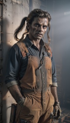 solo,long hair,looking at viewer,blue eyes,brown hair,shirt,black hair,gloves,1boy,closed mouth,standing,ponytail,male focus,cowboy shot,collared shirt,pants,vest,black shirt,buttons,facial hair,brown gloves,sleeves rolled up,pocket,watch,hand in pocket,realistic,wristwatch,overalls,holster,against wall,blonde hair,weapon,gun,tattoo,stubble,dirty,jumpsuit