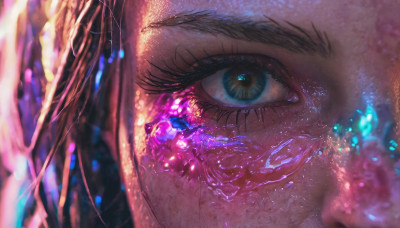 1girl, solo, looking at viewer, blue eyes, blurry, eyelashes, gem, close-up, reflection, eye focus