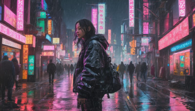 1girl, long hair, looking at viewer, black hair, long sleeves, holding, standing, jacket, outdoors, solo focus, hood, bag, wet, night, backpack, scenery, rain, city, sign, road, street, neon lights