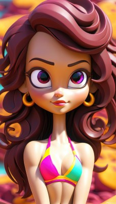 1girl,solo,long hair,breasts,looking at viewer,smile,brown hair,navel,cleavage,bare shoulders,jewelry,closed mouth,purple eyes,collarbone,swimsuit,upper body,bikini,earrings,small breasts,artist name,signature,dark skin,pink eyes,blurry,lips,eyelashes,makeup,blurry background,bikini top only,multicolored clothes,curly hair,hoop earrings,pink bikini,multicolored bikini,v arms,multicolored eyes